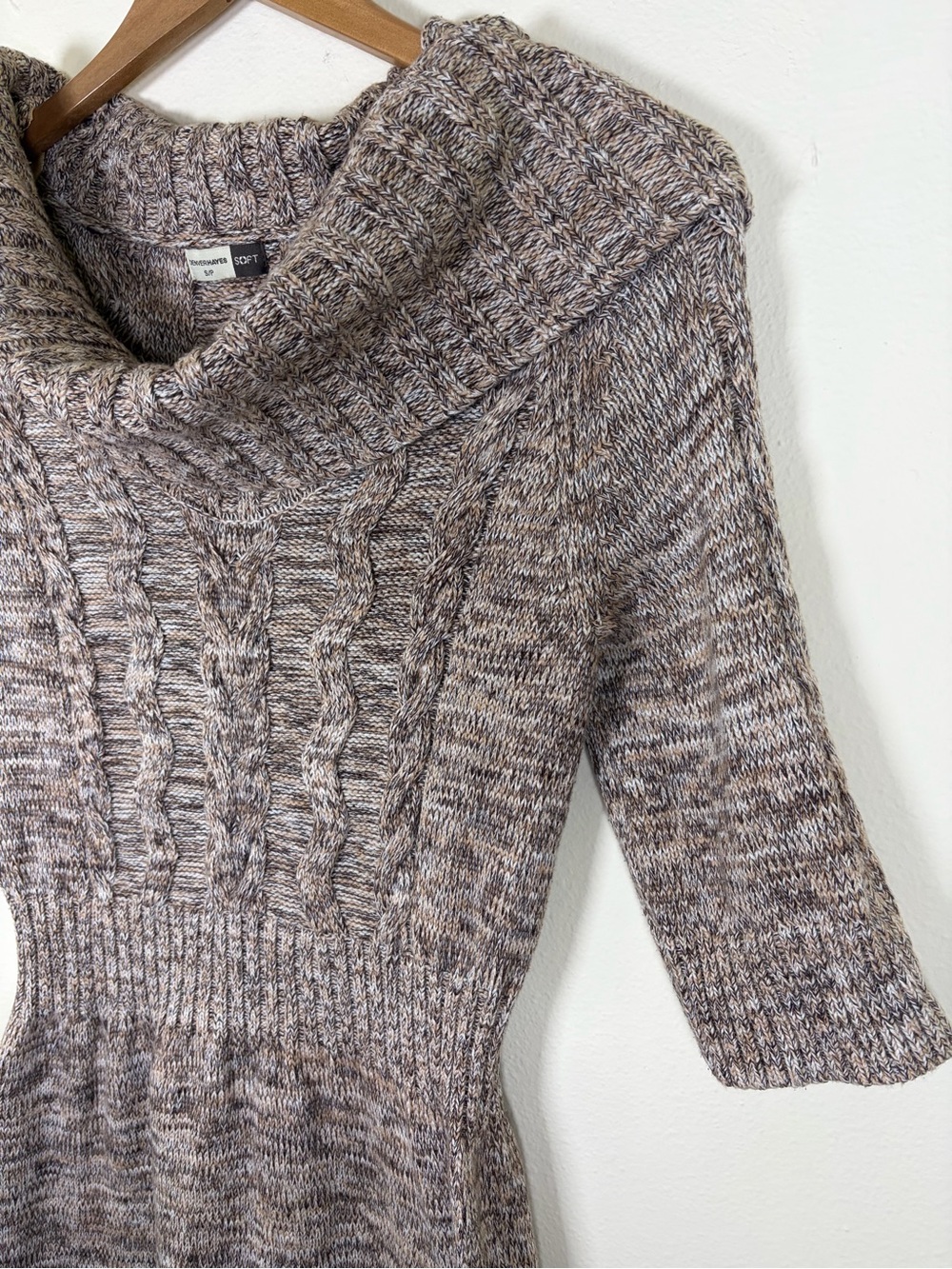 Denver Hayes Soft Cable Knit Sweater Dress Cowl Neck Brown Marled Size Small - Picture 3 of 13